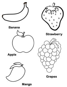 fruits and vegetables coloring page with the words bananas, banana, apple, grapes, mango