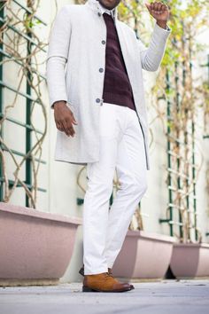 white overcoat brown sweater White Peacoat Outfit, Peacoat Outfit Men, Peacoat Outfit, White Peacoat