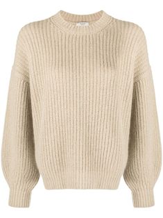 light brown virgin wool-silk-cashmere blend cable knit crew neck drop shoulder long puff sleeves ribbed trim straight hem Fall Winter Fashion Trends, Brown Fall, Cotton Jumper, Cable Knit Jumper, Airport Fashion, Crew Neck Jumper, Long Puff Sleeves, Beige Sweater, Knitted Jumper