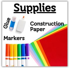 an advertisement for construction paper with markers and pens on it, next to the words supplies