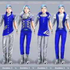 four different poses of the same woman in blue and silver outfits, all with their arms around each other