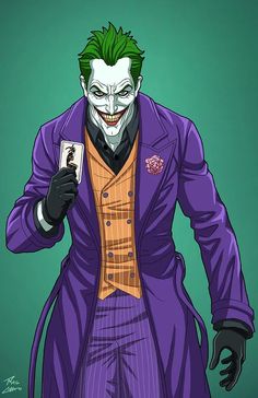 a drawing of the joker holding a card in one hand and wearing a purple suit