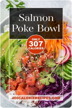 Salmon Poke Bowl Recipe: As a traditional appetizer or main dish this salmon poke bowl is a delicious taste of Hawaiian cuisine. A poke bowl (sometimes spelled poké) is an Hawaiian dish, heavily influenced by Asian cooking, that features raw fish. Most commonly, you'll find tuna poke (ahi poke), shellfish, or salmon, but there are many other variations to explore. My salmon poke bowl uses delicious, marinated salmon on a bed of sushi rice (Calrose rice) with fresh vegetables. Low Calorie Poke Bowl, Heatly Snacks, Salmon Poke Bowl Recipe, Calrose Rice, Low Calorie Side Dishes, Hawaiian Cuisine, Salmon Poke Bowl, Low Calorie Recipes Dinner, Poke Recipe