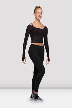 Ladies Bloch Logo Long Sleeve Crop Top Dancewear Outfits, Black Leggins, Black Long Sleeve Crop Top, Black Tutu, Long Sleeve Leotard, Tank Leotard, Dancers Outfit, Long Sleeve Crop, Thumb Holes