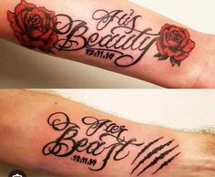 two tattoos with roses and the words beauty written on each side of their arms, both in black ink