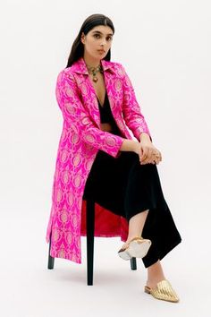 Shop for Sobariko Fuchsia Banarasi Brocade Jacket for Women Online at Aza Fashions Indian Silk Outfits, Brocade Long Jackets Indian, Banarasi Jacket Suit, Brocade Jacket Outfit, Banarasi Coord Set, Brocade Jackets Women Indian, Brocade Jackets Women, Long Jackets For Women Indian, Banarsi Jacket