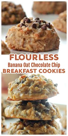 banana oat chocolate chip breakfast cookies stacked on top of each other with text overlay