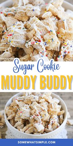 sugar cookie muddy buddy in a bowl with sprinkles