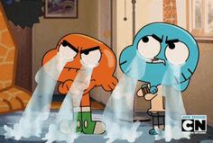 an animated image of two cartoon characters in the bathroom with water coming out of their mouths