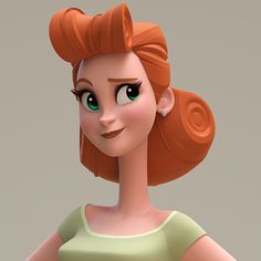 an animated woman with red hair and green eyes looks at the camera while wearing a yellow shirt