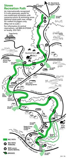 a map showing the route to stowe recreation path, with directions for each section