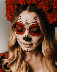 Red And Black Sugar Skull Makeup, Red Day Of The Dead Makeup, Dia De Los Muertos Makeup For Kids, Red Catrina Makeup, Day Of The Dead Face Makeup, Red Sugar Skull Makeup, Easy Day Of The Dead Makeup, Catarina Makeup, Sugarskulls Makeup