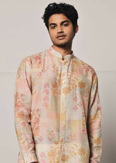 Patchwork print shirt style mal cotton kurta featuring a mandarin collar, cuffed sleeves and a curved hemline. This is a 2 piece set complete with a cream trouser style cotton pajama. Kurta Set For Men, Cream Trousers, Patchwork Print, Cotton Kurta, Trouser Style, Cotton Pyjamas, Kurta Set, Full Sleeves, Custom Tailoring