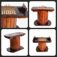 four different views of a chess table made out of wood and pieces of metal are shown