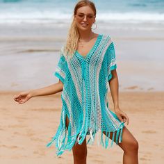 Details: Tassel Hollow Holiday Style Swimwear Cover Up Tassel Loose fitting Skin friendly Fabric: Polyester Size: One Size. Size(IN) Bust Sleeve Length One Size 59.05 24.40 35.43 Please allow 0.4"-0.8" differs due to manual measurement. Knit Beach Dress, Striped Swimwear, Knitted Swimsuit, Bathing Suit Dress, Rainbow Fashion, Long Sleeve Swimsuit, Fashion Cover, Printed Tankini, Holiday Style