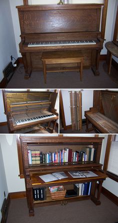 four different views of an old piano and bookshelf