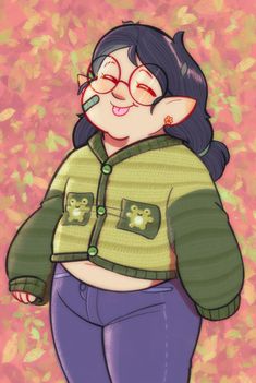 a drawing of a woman with glasses on her face and green sweater over her shoulders