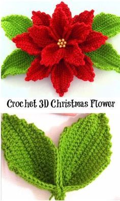 crocheted poinsettis with green leaves and red flowers are shown in three different views