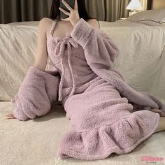 Qteee - Lace-Up Hooded Robe Plush Pajama Set with Halter Detail Purple Winter Sleepwear For Loungewear, Purple Winter Sleepwear For Lounging, Hooded Robe, 110 Lbs, Nightgowns For Women, Winter Color, Womens Robes, Pajamas Set, Dress Robes