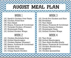 the august meal plan is shown in blue and white