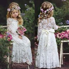 Bridesmaid Clothes, Flower Girl Dresses White, Long Sleeve Summer Dress, Floral Sash, Boho Flower Girl, Beige Long Sleeve, Girls Lace Dress, Flower Girl Headbands, White Flower Girl Dresses