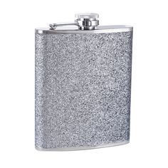 a flask with silver glitter on it