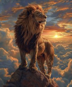 a painting of a lion standing on top of a rock in the middle of clouds