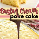 a close up of a piece of cake on a plate with the words boston cream poke cake