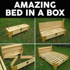 four different views of a bed frame made out of wooden pallets and slats