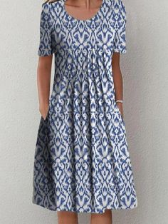 Women's Casual Dress Shift Dress Midi Dress Blue Short Sleeve Geometric Ruched Summer Spring Crew Neck Basic Vacation 2023 S M L XL XXL 3XL 2023 - kr. 96 Midi Dress Outfit, Pleats Pattern, Women's A Line Dresses, Casual Short Sleeve Dress, Wrap Around Dress, Shift Dresses, Midi Dress Casual, Midi Short Sleeve Dress, Crewneck Dress