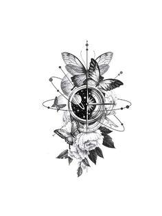 a drawing of a clock with flowers and butterflies on the front, in black and white