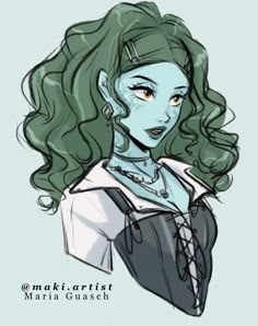 a drawing of a woman with green hair