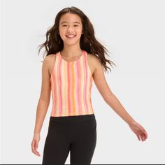 Girls' Cropped Tank Top - All In Motion Light Orange M Sporty Sleeveless Top For School, Sporty Tops For School In Summer, Sporty Tops For Summer School, Sporty Summer Tops For School, Pink Summer School Tops, Cute Pink Sports Tops, Playful Fitted Sports Top, Pink Tops For Playwear In Spring, Playful Multicolor Sports Top