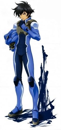 an anime character with black hair and blue suit standing in front of a white background