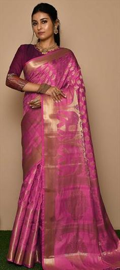 Pink and Majenta color Saree in Raw Silk fabric with Stone, Weaving work Luxury Pink Paithani Silk Traditional Wear, Luxury Katan Silk Handloom Pre-draped Saree, Stone Weaving, Raw Silk Fabric, Traditional Saree, Traditional Sarees, Raw Silk, Silk Fabric, Weaving