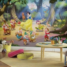 snow white and the seven dwarfs wallpaper mural in a children's playroom