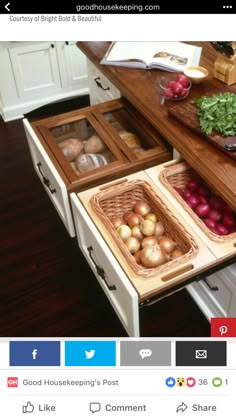 an open drawer in the middle of a kitchen counter with vegetables and other items on it