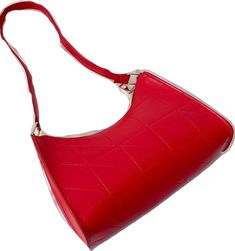 Red Baguette Bag With Adjustable Strap For Shopping, Red Rectangular Baguette Bag For Daily Use, Elegant Red Baguette Bag With Large Capacity, Red Rectangular Baguette Bag For Shopping, Red Leather Rectangular Baguette Bag, Plain Style, Stitching Details, Baguette Bag, Bag Bag