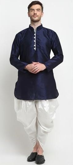 Blue color Dhoti Kurta in Art Dupion Silk fabric with Thread work Navy Blue Kurta, Stitch Pajamas, Dhoti Kurta, White Dupatta, Blue Kurta, Kurta Men, Dupion Silk, Thread Work, Coat Pant