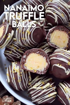 chocolate covered truffle balls on a white plate with the words, namamio truffle balls