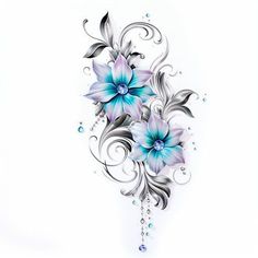 some blue flowers on a white background with water droplets in the bottom right hand corner