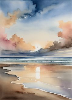 a watercolor painting of clouds over the ocean and sand on a sunny day at the beach