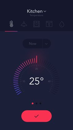 an app showing the time and temperature in a kitchen with icons on each side of it