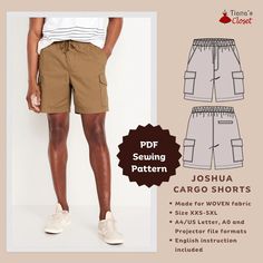 Exclusive patterns from the author of Tiana's Closet Sewing Patterns. Visit my blog for more ideas, sewing tips and free patterns: https://tianascloset.com/ Joshua elastic waist cargo shorts is a staple in the wardrobe - enjoy the style of the cargo pockets, and the comfort of the relaxed fit and elastic waist! Main features of these simple lounge shorts: - Elastic waistband - Faux fly zipper for a more tailored look - Slanted side pockets - Welt back pocket - Relaxed fit - 7 inch inseam (adjust Men’s Shorts Pattern, Men’s Clothes Sewing Patterns, Mens Shorts Sewing Pattern, Men Sewing Patterns, Sewing Pattern Men, Sewing Pattern For Men, Mens Shorts Pattern, Mens Sewing Patterns, Casual Shorts For Men