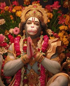 a statue of a monkey with flowers around it's neck and hands in front of him