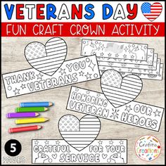 veterans day fun craft crown activity with pencils and crayons on the table