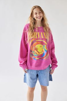 Nirvana Smile, Nirvana Sweatshirt, Preppy Sweatshirts, Yellow Smiley Face, Urban Outfitters Women, Printed Sleeves, Oversized Sweatshirt, Cotton Fleece, Preppy Outfits