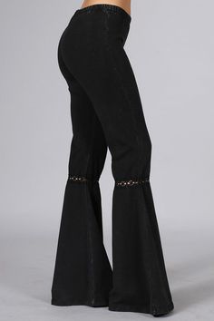 Another Fabulous Creation From Chatoyant! Mineral wash flared bell bottoms, with that wonderful 4 way stretch. Has a crochet lace inset and elastic waistband. Comfortable and flexible fit for all day wear and all body types. Stay Sexy! Fabric: USA made Cotton/Spandex 93/7 Jersey Proudly made in the USA Bell Bottoms Black, Lace Bell Bottoms, Lace Inset, Black Media, Crochet Lace, Bell Bottoms, Large Black, Cotton Spandex, Bell Bottom Jeans