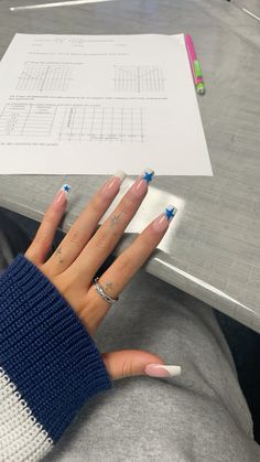 French tip with stars Blue French Tips With Stars, French Tip Nails Blue And White, White French Tip With Stars, Blue And White French Nails, Blue And White Star Nails, French Tip Nails With Stars, French Tips With Stars, French Tip With Stars, Dark Blue Nails French Tip