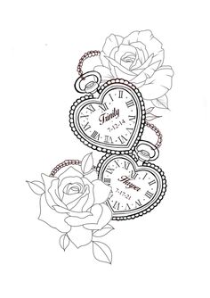 a coloring page with roses and two heart - shaped clocks on the top of it